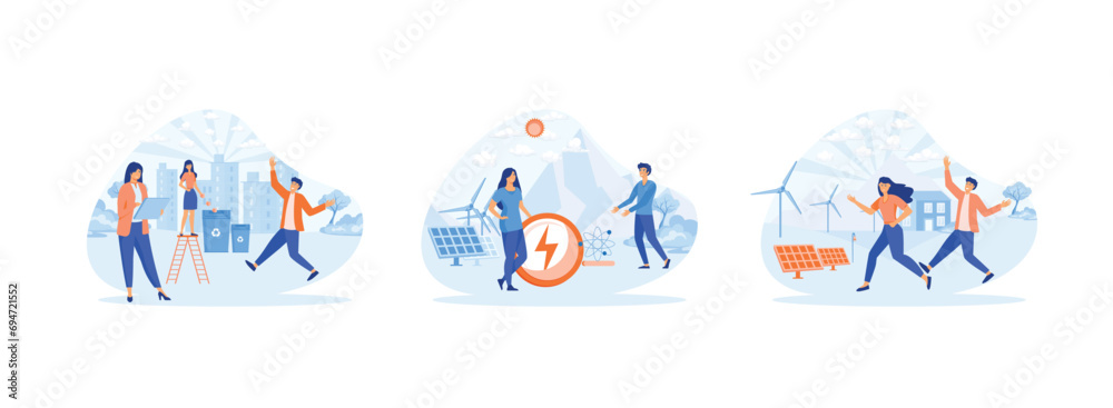 Ecology concept. Man woman standing near wind turbines. Ecology renewable of Solar panels. Ecology 1, set flat vector modern illustration Ecology concept. Man woman standing near wind turbines. Ecology renewable of Solar panels. Ecology 1, set flat vector modern illustration
