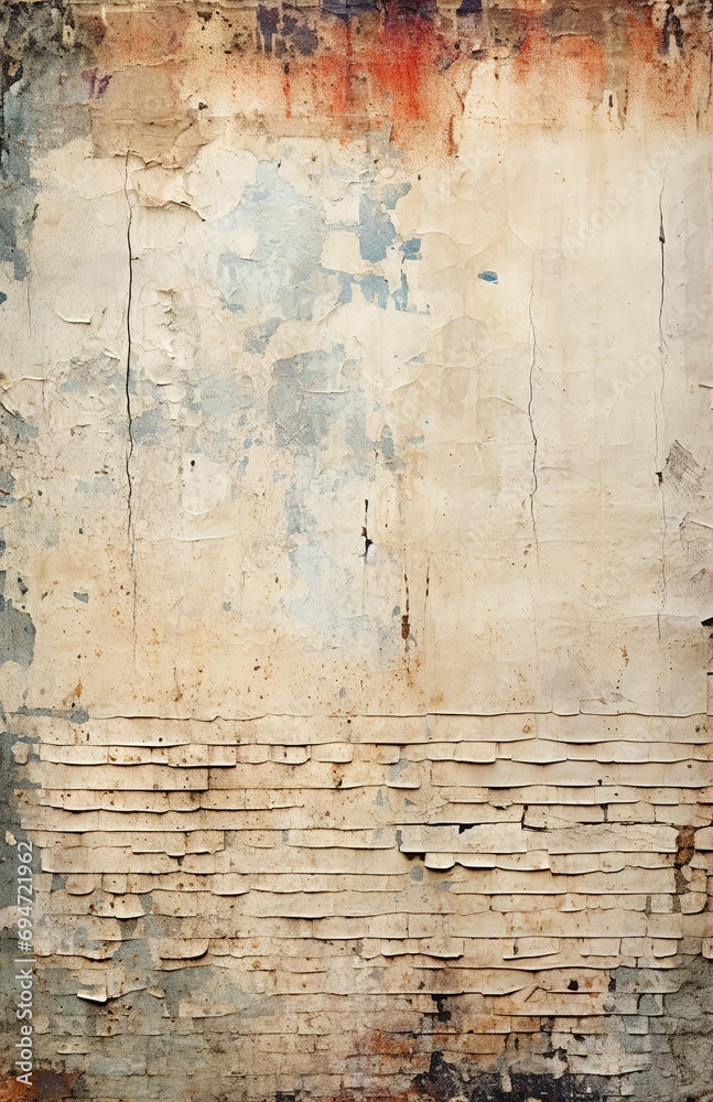 Obraz premium Stained, dirty, and distressed cream white, brown, orange, and tan vintage paper texture. Folded and faded, torn, ripped, peeling and creased from old age.