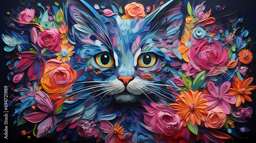 Cute kitten background with flowers in oily canvas illustration