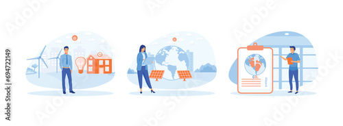 Energy efficiency in household and industry, using green electricity, windmills and solar panels, Energy efficiency in household and industry. Energy efficiency set flat vector modern illustration