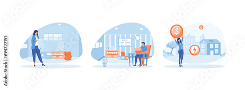 Home energy efficiency audit concept, Person checks heating meter and pays household utility bill on website. Energy efficiency set flat vector modern illustration