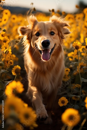 Joyful golden retriever playing in a sunflower field, Generative AI © Shooting Star Std