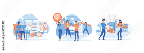 checking and paying utility bills online on his computer, Utility bill payment, Men and women pay utilities together. Utility bills set flat vector modern illustration
