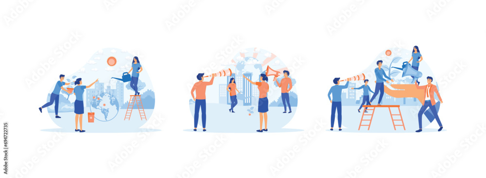 People are preparing for the holiday, World Environment Day, People prepare for the holiday, save the planet from pollution. Bio Technology set flat vector modern illustration 
