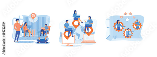 Remote workers work together on project scene, Company development and strategy and business planning, The idea team work and project delegation. Outsourcing set flat vector modern illustration photo