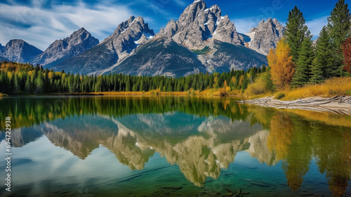 rugged rocky mountains of towering peaks the shimmering alpine lakes photo