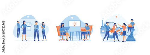 Business team finding solution, working together in the company, brainstorming, people finding new solutions. Brainstorming set flat vector modern illustration