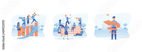 Teamwork help growing revenue, Reaching for career goals and success, increasing career and personal improvement visualization with upward spiral arrow. Business development set flat vector modern ill