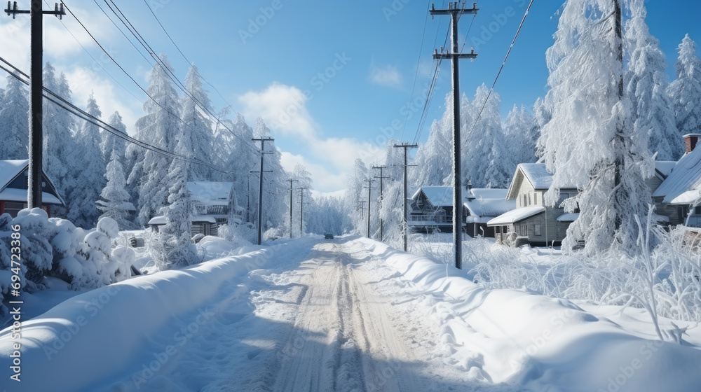 Small town with lots of snow on the road and the houses along the track with frozen trees and electricity cables with a blue morning sky