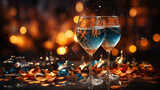 Close-up of two stemmed glasses with bluish liquid and gold flakes on a table in festive mood with a shiny and sparkle blurry orange background