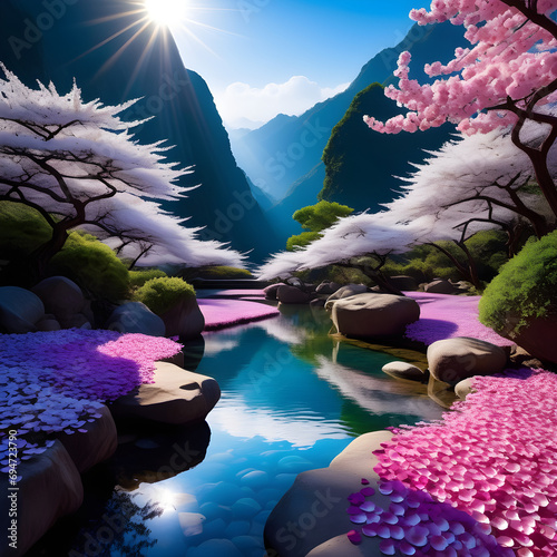 Sacred darkness, soft light, dense spiritual energy, and vibrant fallen flowers surround Shi Hao in a timeless moment of immortality.(Generative AI) photo