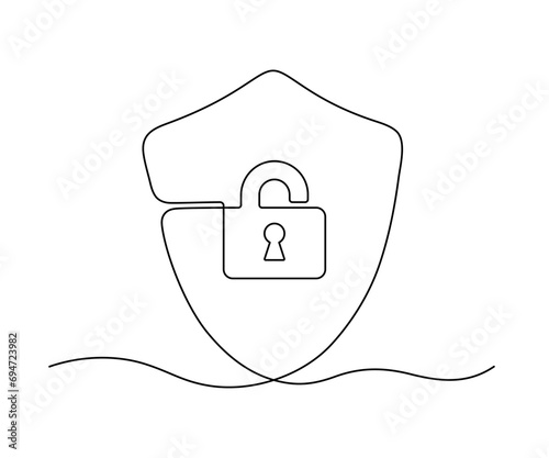 Shield with padlock and key hole, continuous one line drawing. Security and protection, safe information. Vector outline