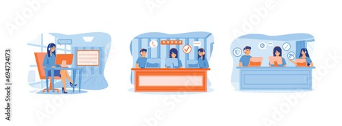 Customer service, hotline operators advise customers, customer support department staff, consulting with customer with headset on computer. Hotline operator set flat vector modern illustration
