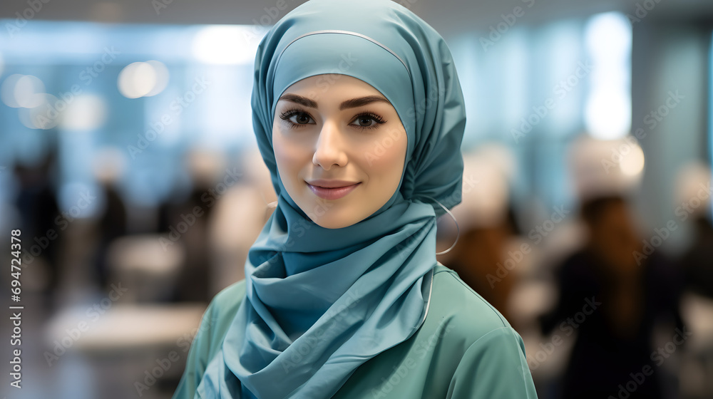 Portrait of a friendly Muslim doctor or nurse wearing hijab and medical face mask and gloves on a gray background.A muslim Nurse or medical staff.Ai