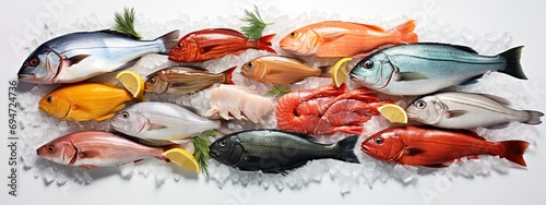 top view of fresh fishes selection on isolated white background for banner