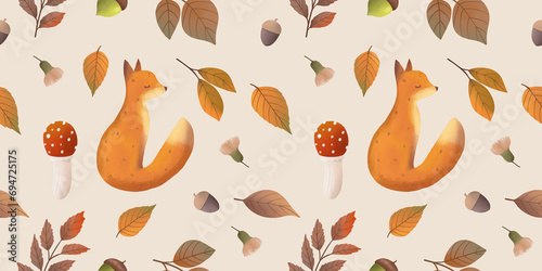 Woodland animals seamless pattern. Forest autumn pattern with leaves, mushroom and cute fox.