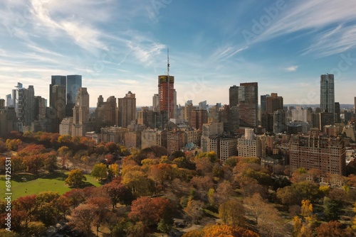 Autumn Fall. Autumnal Central Park view from drone. Aerial of NY City Manhattan Central Park panorama in Autumn. Autumn in Central Park. Autumn NYC. Central Park Fall Colors of foliage. © Volodymyr