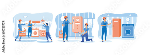 Servicemen repairing machines at home.Repairs broken water heater. Repair technician service with washing machine, refrigerator elements. Home repair set flat vector modern illustration