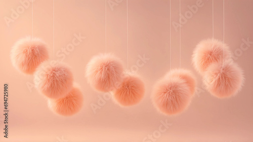Abstract background of delicate peach fluffy pompoms hanging in air. Generative AI. photo