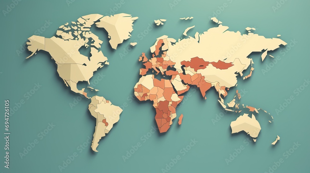 3D World map. Paper art Earth map shapes with shadow. Flat style illustration 3D World map. Paper art Earth map shapes with shadow. Flat style illustration