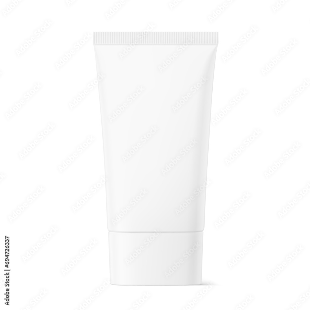 Blank plastic tube mockup for cosmetics with cap. Front view. Vector illustration isolated on white background. Can be use for your design, advertising, promo and etc. EPS10. Blank plastic tube mockup for cosmetics with cap. Front view. Vector illustration isolated on white background. Can be use for your design, advertising, promo and etc. EPS10.
