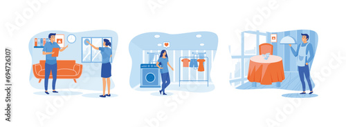 Hotel manager training staff. Female hotel staff laundry service.Hotel waiter serving a banquet. flat vector modern illustration 