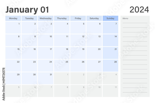 2024 January desk planer calendar weeks start on Monday in light blue and gray theme with empty line memo note space, vector design