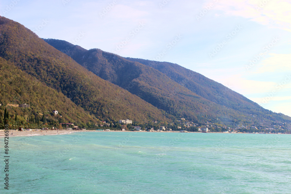 View of the sea and mountains. Black Sea coast. Abkhazia, Gagra