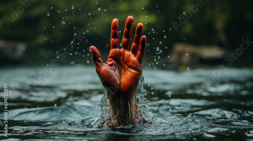 Hands rise from the white water in a lake in nature