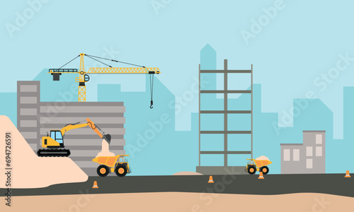 Construction concept with excavator, truck dumb and roller dumb, industry scene with heavy vehicles Flat design style landscape background