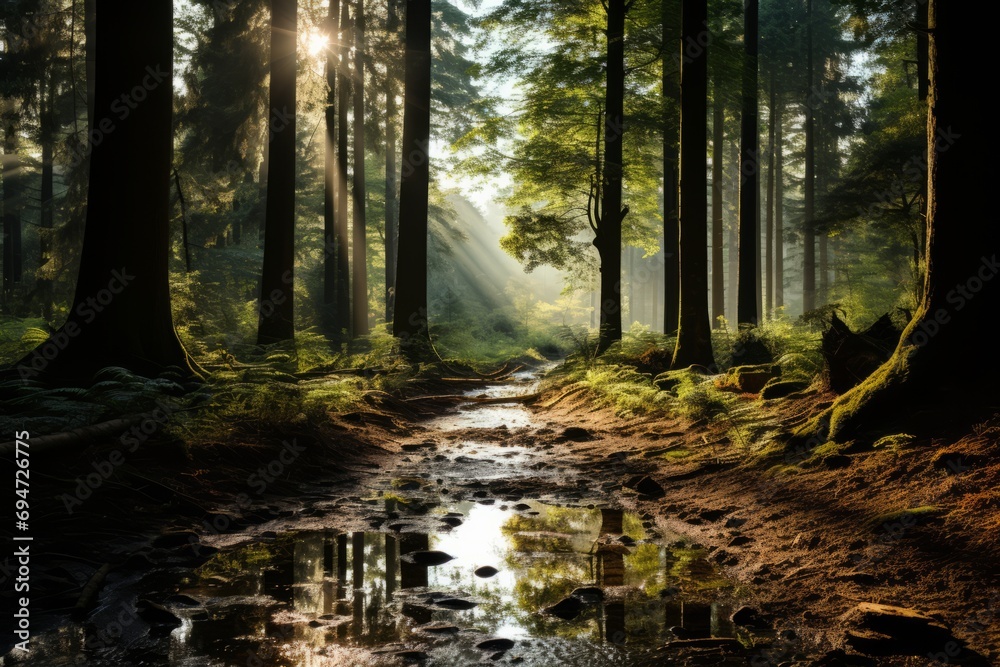 Obraz premium Forest clearing with dappled sunlight and tree silhouettes, Generative AI