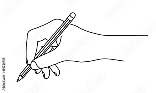 Hand holding a pencil, writing, signing a document or drawing. Hand drawn with thin line. Png clipart isolated on transparent background