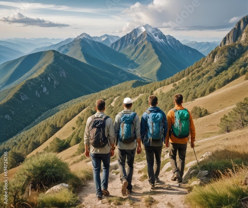 Four hikers trekking a mountain trail, with majestic peaks and blue sky in the background.