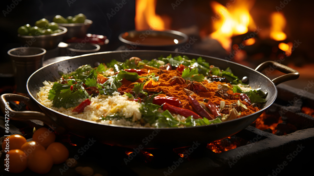 Potatoes with mushrooms and eggs and a chop of turkey fillet are fried in a pan over a fire. Ai

