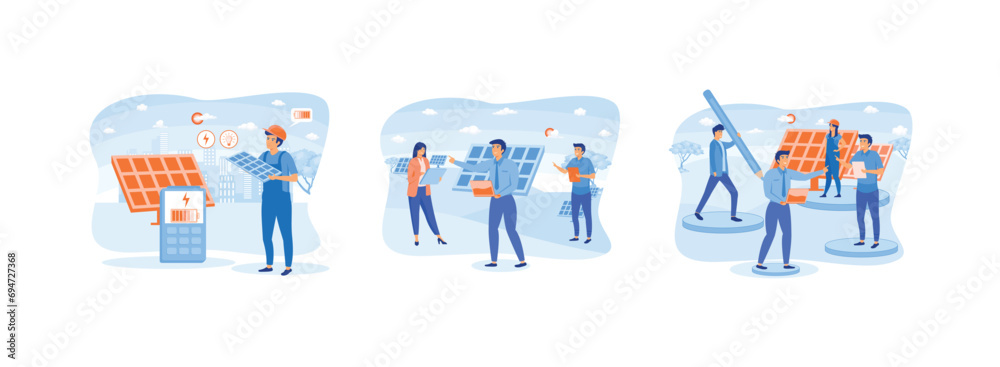 Solar energy panel system. Installation of solar modules.Field service technicians. Solar energy panels set flat vector modern illustration Solar energy panel system. Installation of solar modules.Field service technicians. Solar energy panels set flat vector modern illustration