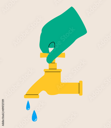 Hand opens or closes a water tap, save water,concept of eco and world water day. Colorful vector illustration