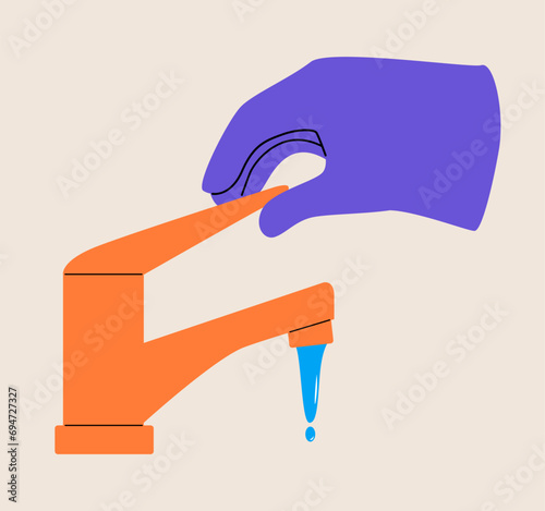 Hand opens or closes a water tap, save water,concept of eco and world water day. Colorful vector illustration
