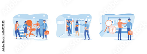 people agency job seekers job applicants and office chair open vacancy, invites candidates for new vacancy, business corporations looking for employees for jobs. Open vacancy set flat vector modern il