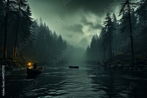 Peaceful lake surrounded by dark forest silhouettes, Generative AI photo