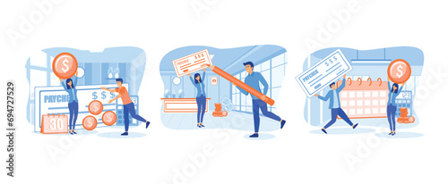 Prize money. Girl Brings Big Salary. Payroll. Paycheck set flat vector modern illustration 