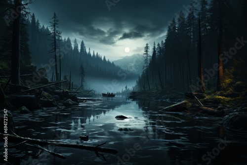 Peaceful lake surrounded by dark forest silhouettes, Generative AI © Shooting Star Std