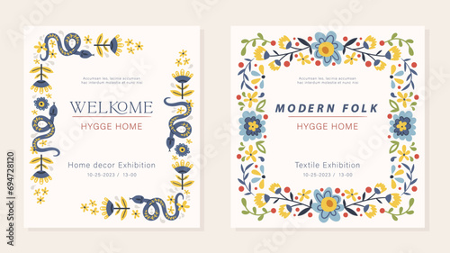 Folk vector set of invitations, flyers or advertising templates in Nordic style, hygge ready to use designs or prints. Symmetrical frames and corners. The scandi folk motifs - snake, flowers, leaves