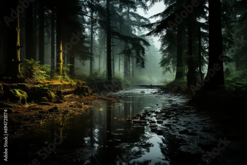 Tranquil forest pond surrounded by dark tree silhouettes, Generative AI