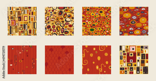 Klimt style inspired abstract seamless patterns pack, modern art nouveau endless backdrop set with geometric shapes, texture for wrapping or digital paper, wallpaper, scrapbooking, textile prints