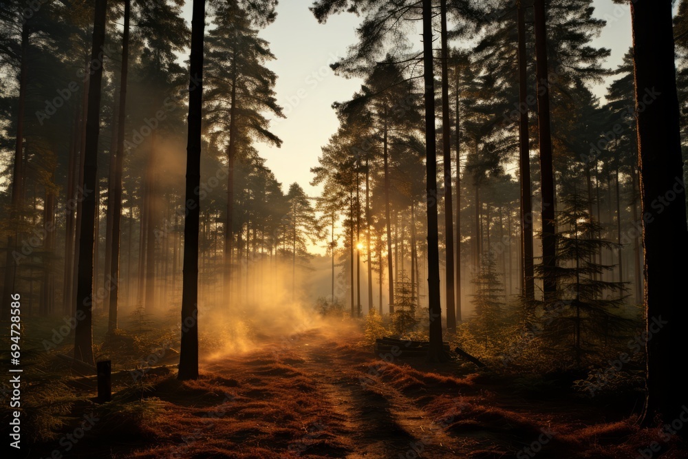 Vast pine forest with tree silhouettes stretching to the horizon, Generative AI