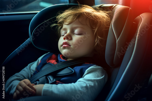Little child sleeping in the safety car seat in front of window during vacation travel trip on holiday background. photo