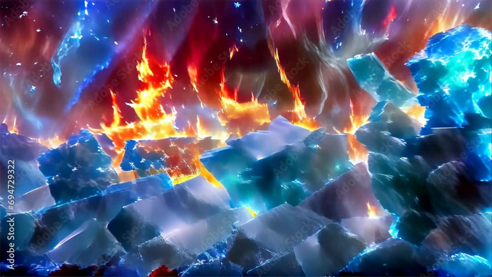 a dynamic scene where elements of fire and ice coexist, illustrating the balance of nature's contrasting forces and the beauty they create. a dynamic scene where elements of fire and ice coexist, illustrating the balance of nature's contrasting forces and the beauty they create.
