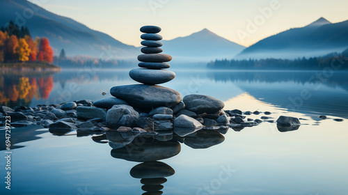 Stones balance on a lake in the mountains at sunset. Concept of harmony and balance