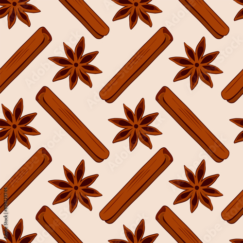 Cinnamon and star anise seamless pattern. Hand drawn vector illustration.
