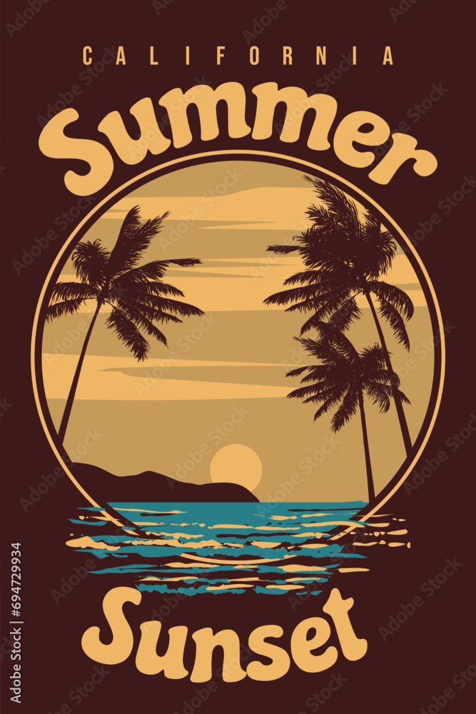 Retro Poster Summer sunset California. Tropical coast beach